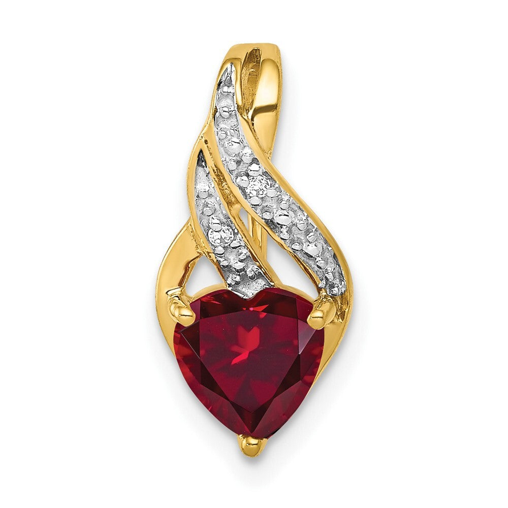 14k Yellow Gold Diamond and Created Ruby Polished Heart Pendant for Women