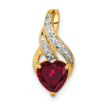 14k Yellow Gold Diamond and Created Ruby Polished Heart Pendant for Women