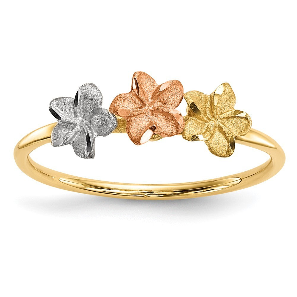 14K Two-tone Gold White Rhodium Polished and Satin 3 Flower Ring