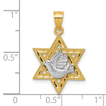14k Two-tone Gold Textured/Diamond-cut Dove On Star Of David Pendant