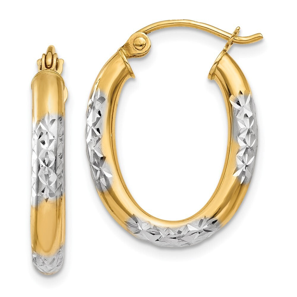 14k Yellow Gold & Rhodium 3mm Diamond Cut Oval Hollow Hoop Earrings