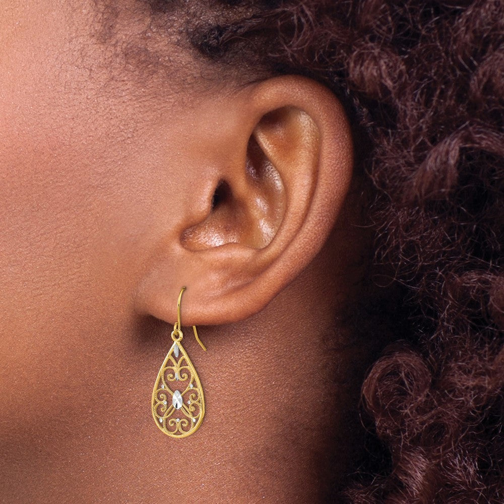 14k Yellow Gold w/Rhodium Diamond-Cut Fancy Dangle Wire Earrings