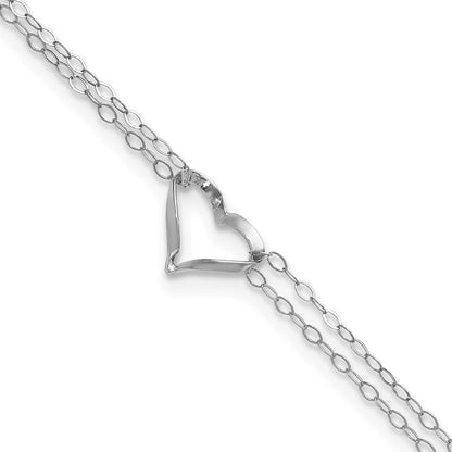 14k White Gold Double Strand Chain Twisted Heart 11" Anklet