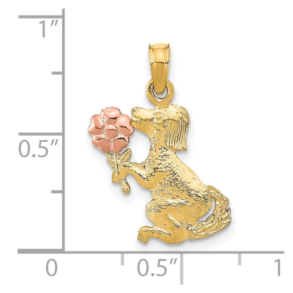 14k Two-tone Gold Dog Holding Flower Charm Pendant for Women