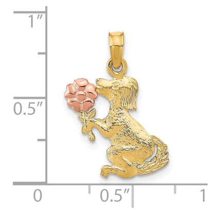 14k Two-tone Gold Dog Holding Flower Charm Pendant for Women