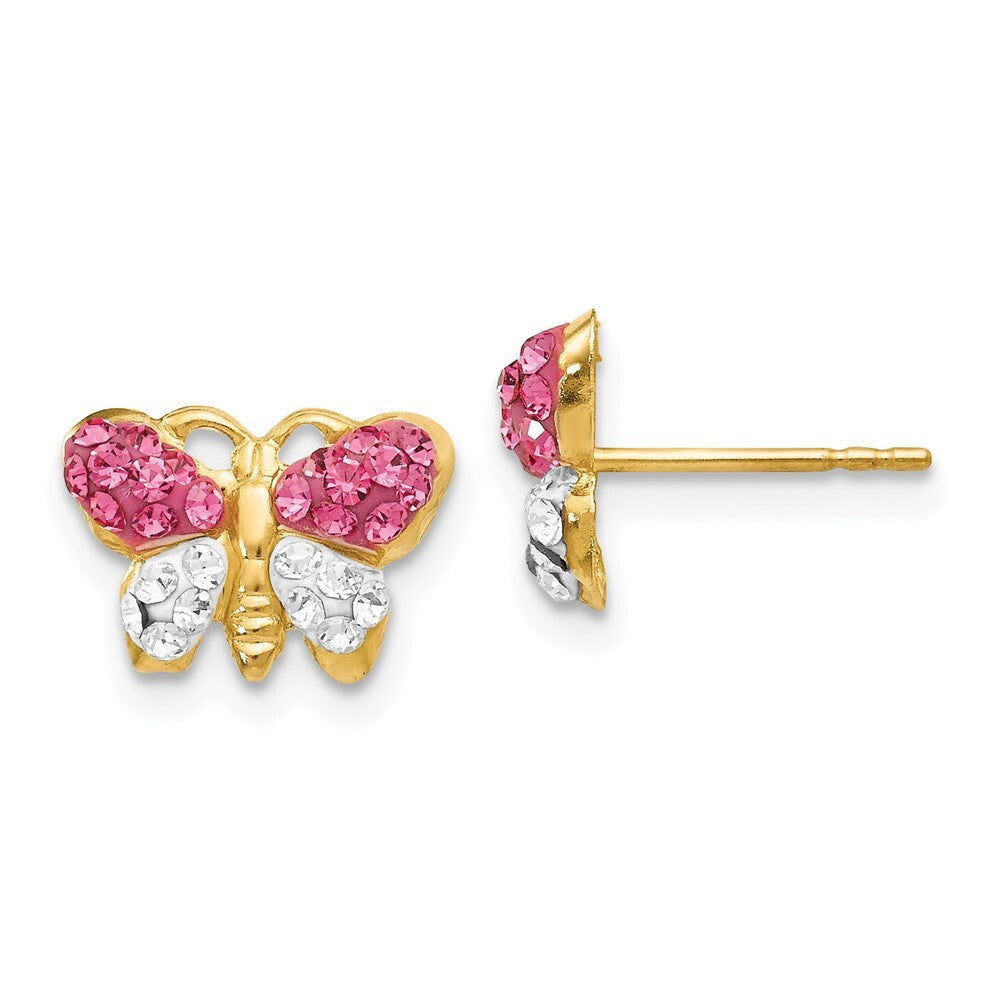 14k Yellow Gold Pink/White Crystal Butterfly Stud Earrings