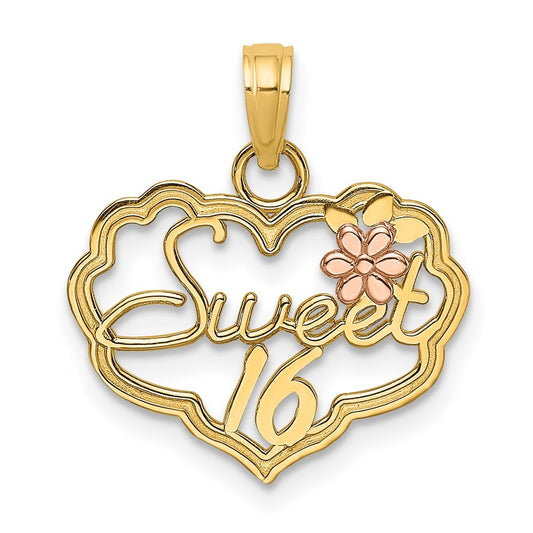 14k Two-tone Gold SWEET 16 Heart w/ Flower Charm Pendant