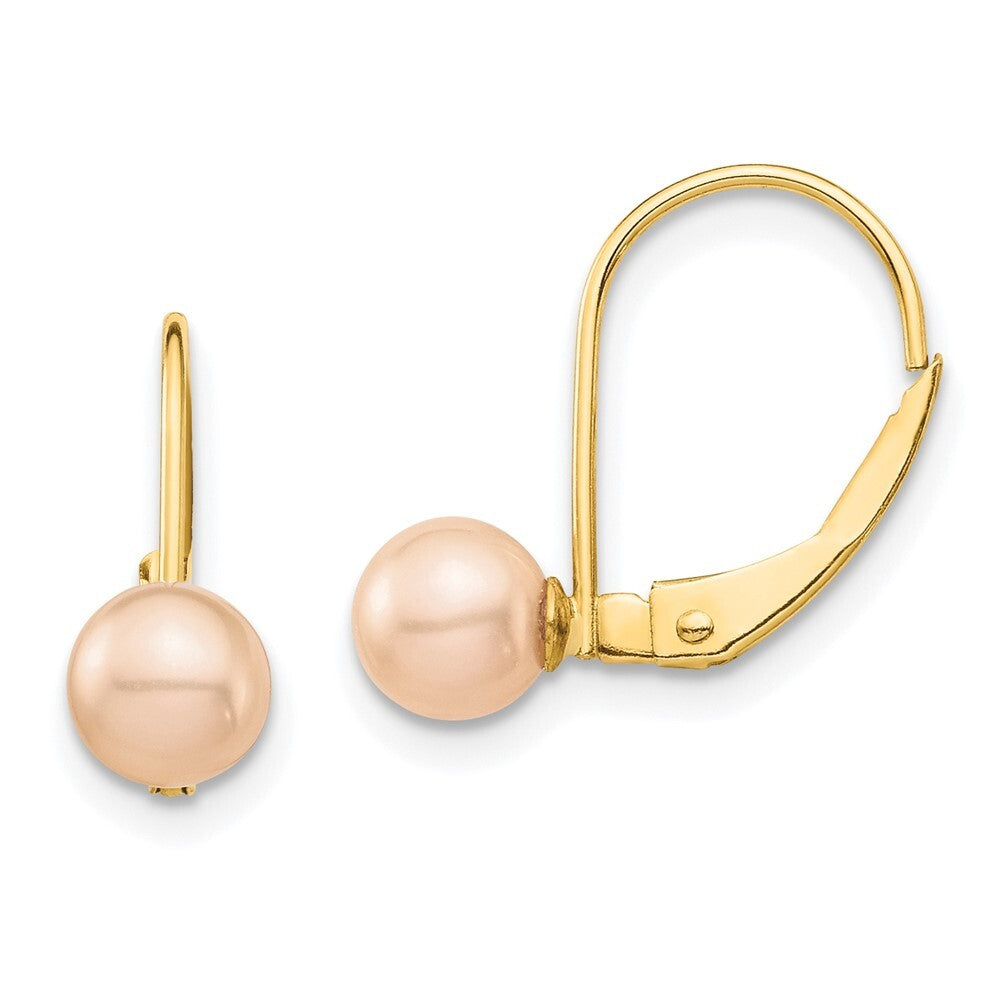 14k Yellow Gold 5-6mm Pink Round Freshwater Cultured Pearl Leverback Earrings