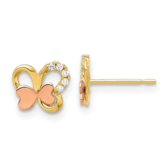 14k Two-tone Gold Polished CZ Butterfly Earrings