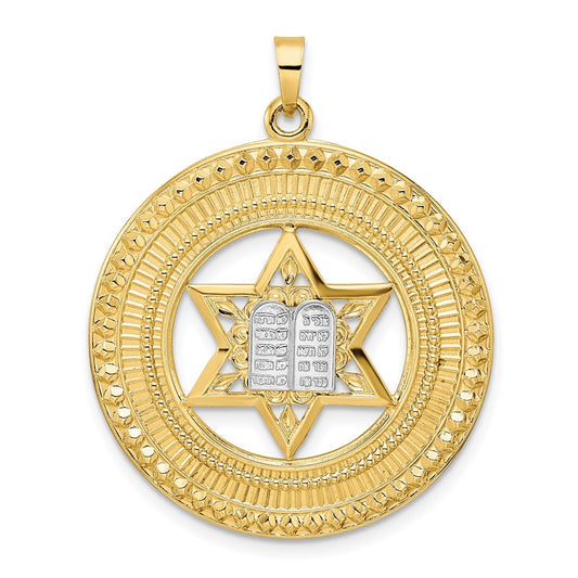 14k Two-Tone Gold Solid Star and Torah Inside Frame Pendant