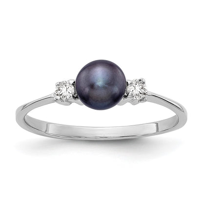 14k White Gold 5mm Black FW Cultured Pearl AA Diamond Ring