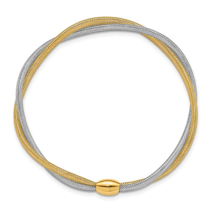 14k Yellow Gold with White Rhodium Twisted Woven Mesh Slip-on Stretch Bracelet
