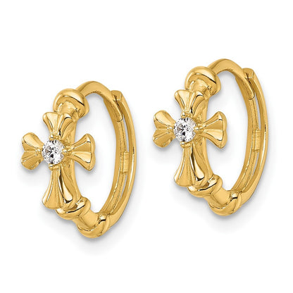 14k Yellow Gold Polished Cubic Zirconia Cross Hinged Round Hoop Earrings