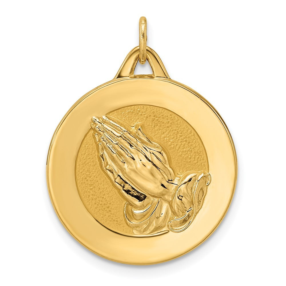 14k Yellow Gold Polished and Satin Solid Praying Hands Disc Pendant