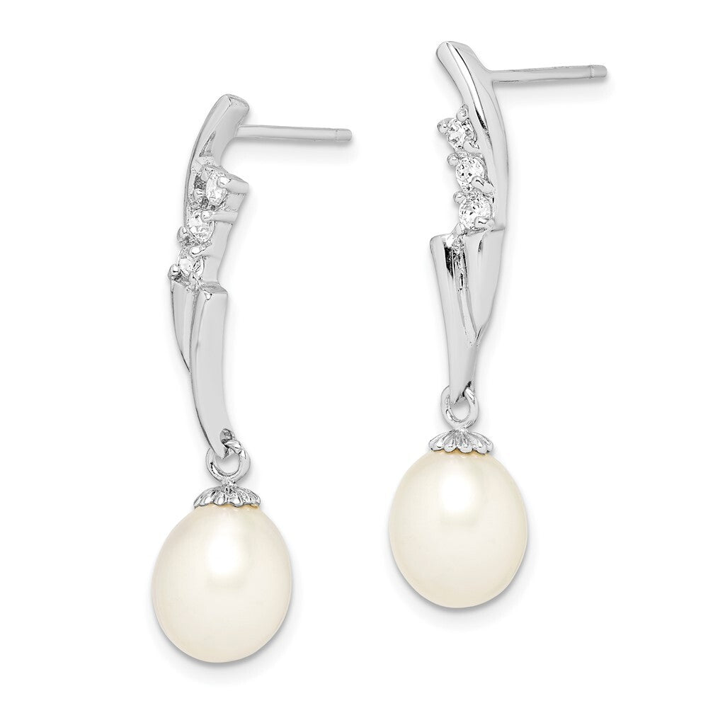 Sterling Silver 7-8mm Rice Cultured Pearl & Cubic Zirconia Post Dangle Earrings