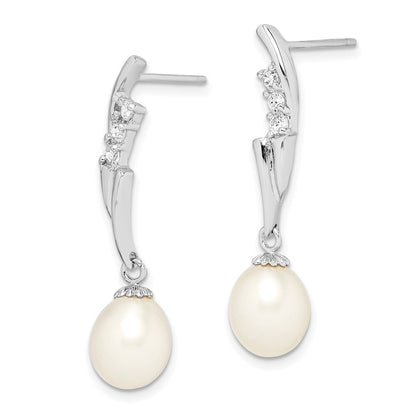 Sterling Silver 7-8mm Rice Cultured Pearl & Cubic Zirconia Post Dangle Earrings