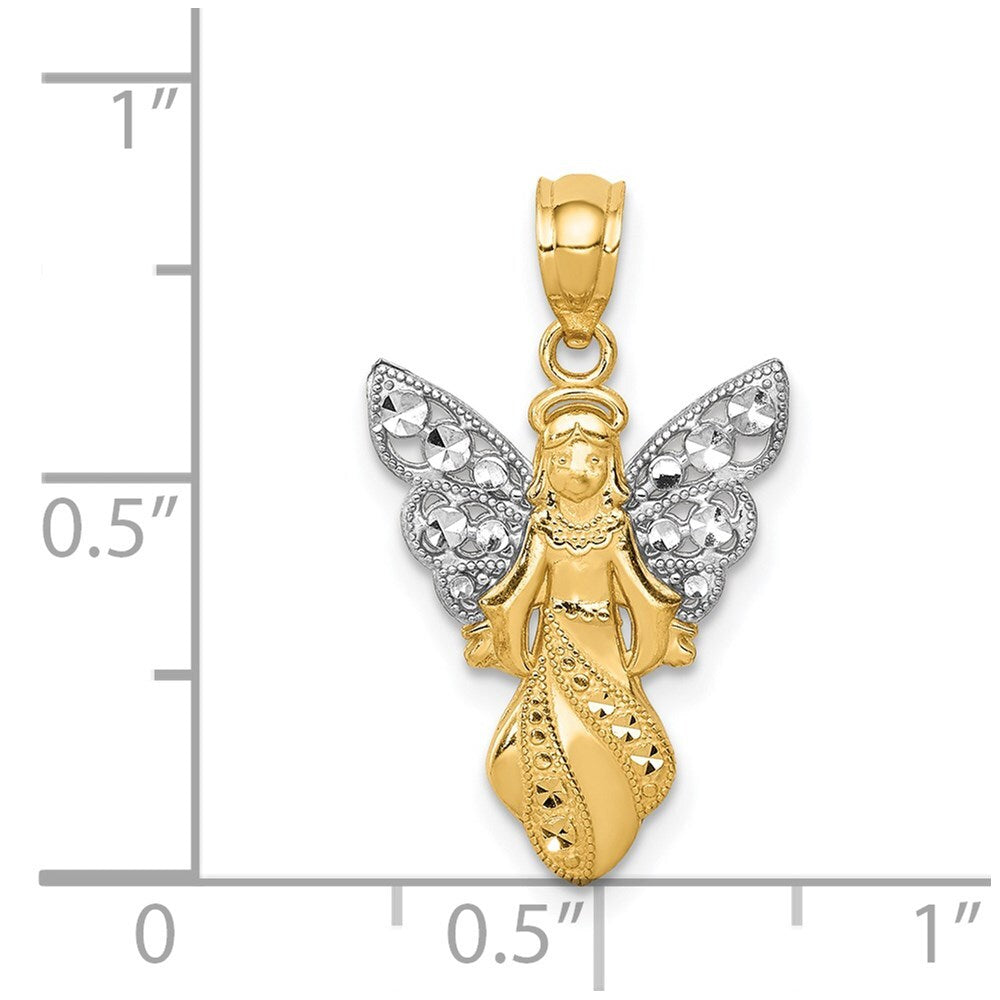 14k Yellow Gold Rhodium Polished / Textured Angel Pendant for Women