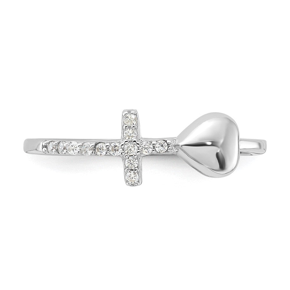 Sterling Silver Rhodium-plated Heart and CZ Cross Ring Size 6