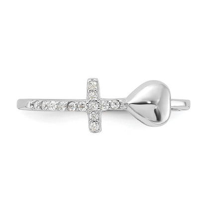 Sterling Silver Rhodium-plated Heart and CZ Cross Ring Size 6