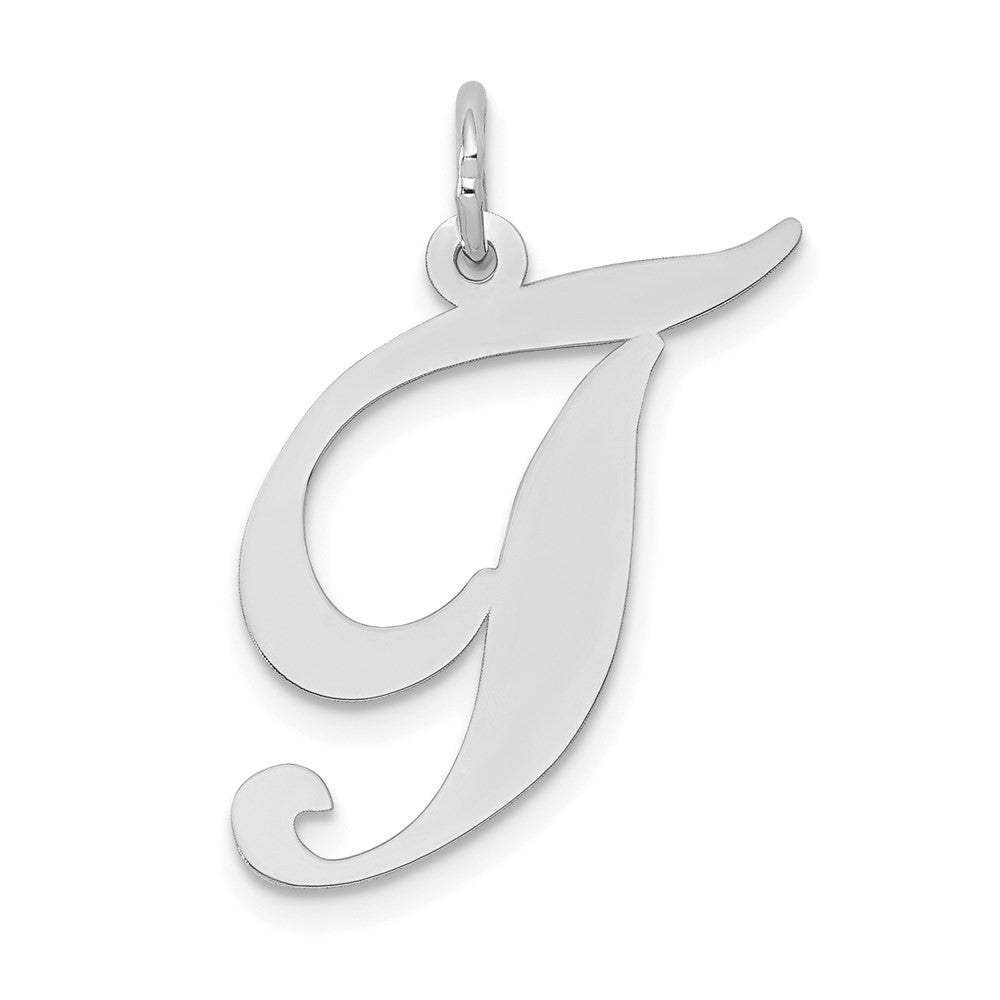 14k White Gold Large Fancy Script Letter T Initial Charm Pendant