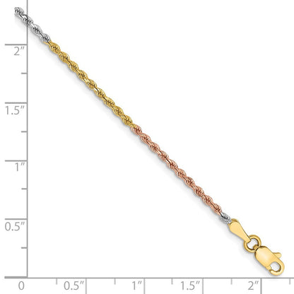 14K Tri-colored 8 inch 1.75mm Diamond-cut Rope Chain Bracelet