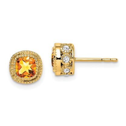 14k Yellow Gold Cushion Citrine and Diamond Stud Earrings