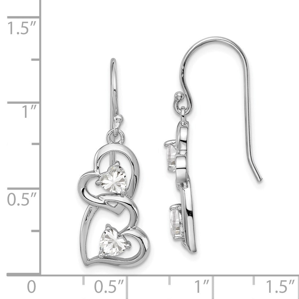 Sterling Silver RH-plated Cubic Zirconia Heart Dangle Shepherd Hook Earrings