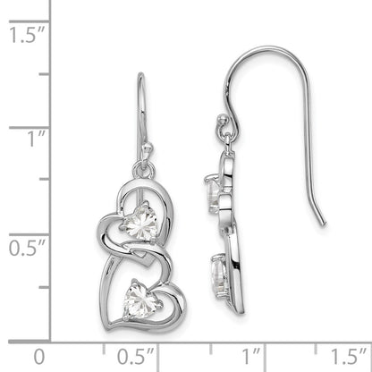 Sterling Silver RH-plated Cubic Zirconia Heart Dangle Shepherd Hook Earrings