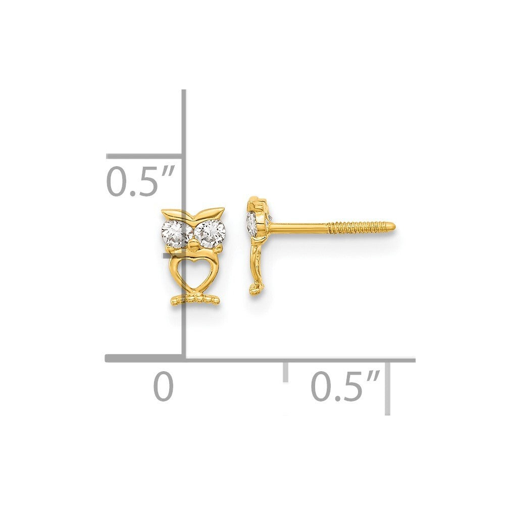 14k Yellow Gold Owl Cubic Zirconia Eyes Screwback Stud Earrings Gift for Women
