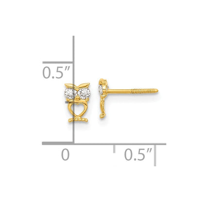 14k Yellow Gold Owl Cubic Zirconia Eyes Screwback Stud Earrings Gift for Women