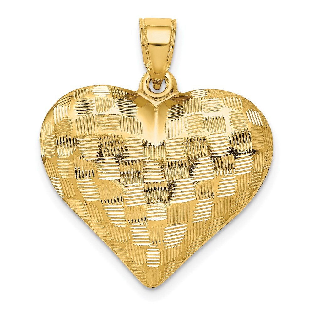 14k Yellow Gold Polished Basket Weave Pattern 3-D Heart Pendant for Women
