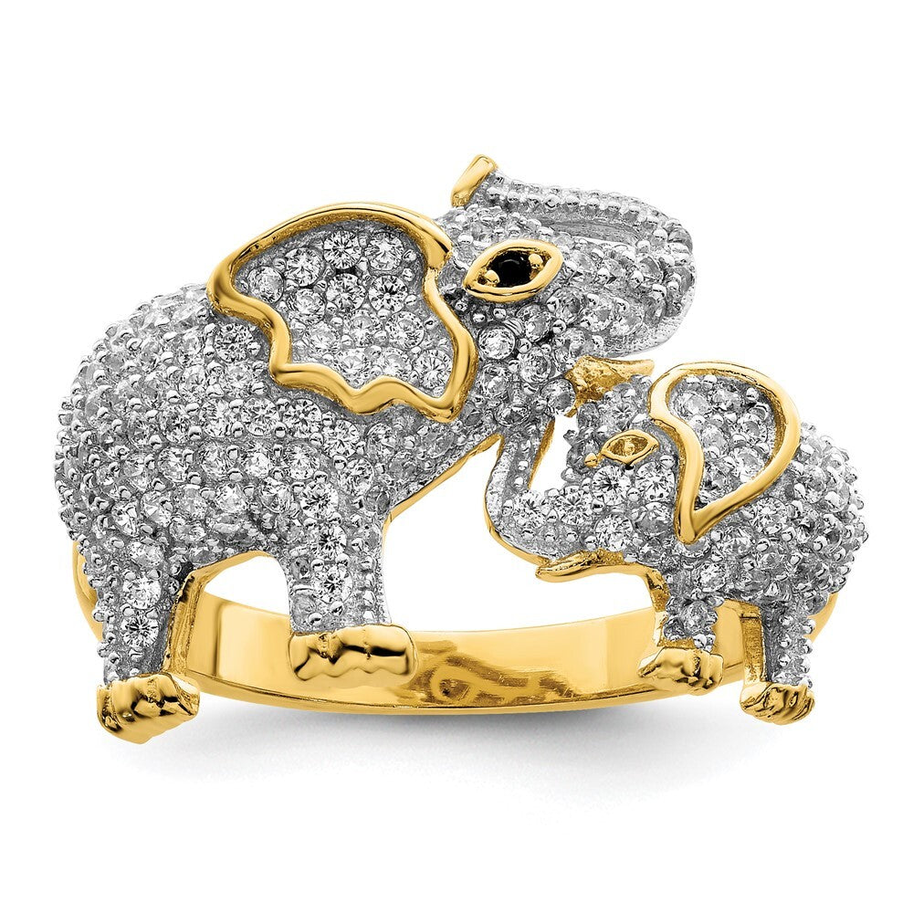 Sterling Silver Rhodium-plated Gold Tone Mom & Baby CZ Elephants Ring Size 6