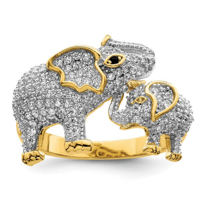 Sterling Silver Rhodium-plated Gold Tone Mom & Baby CZ Elephants Ring Size 6