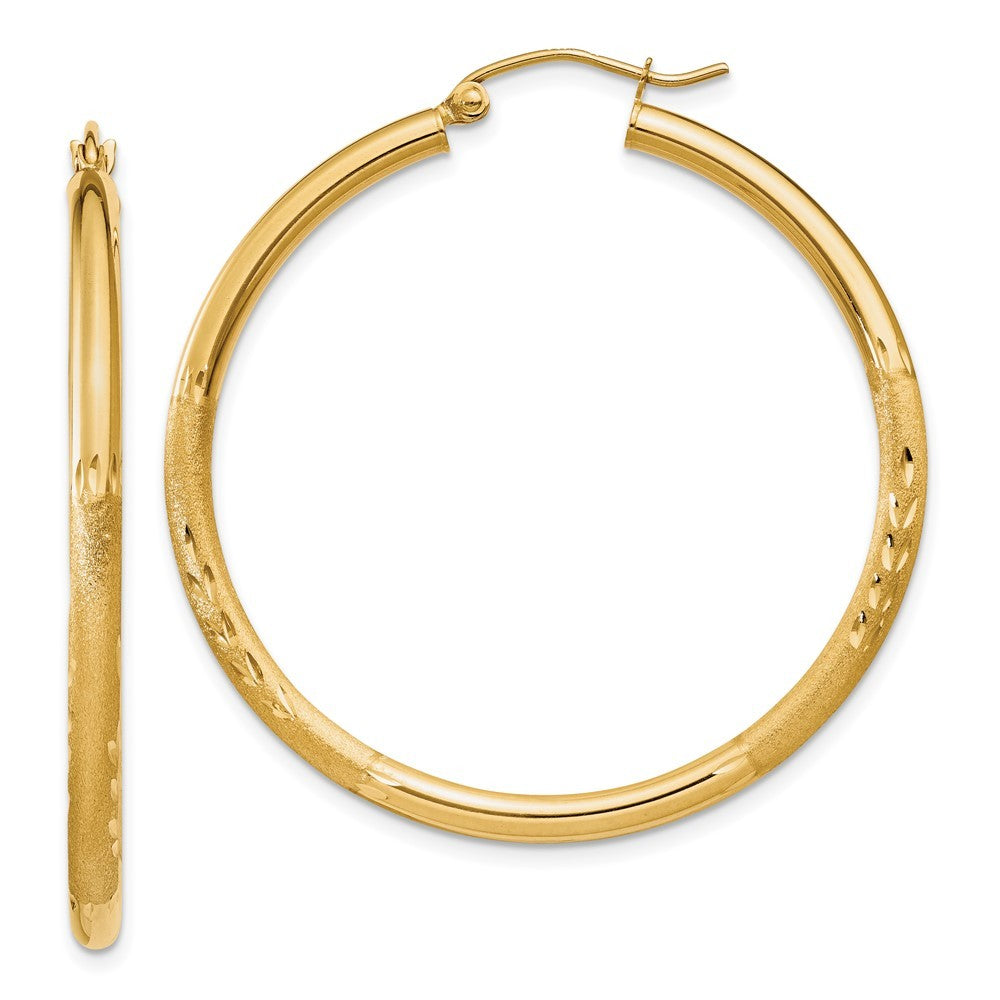 14k Yellow Gold Satin and Diamond-cut 2.5mm Round Hoop Earrings