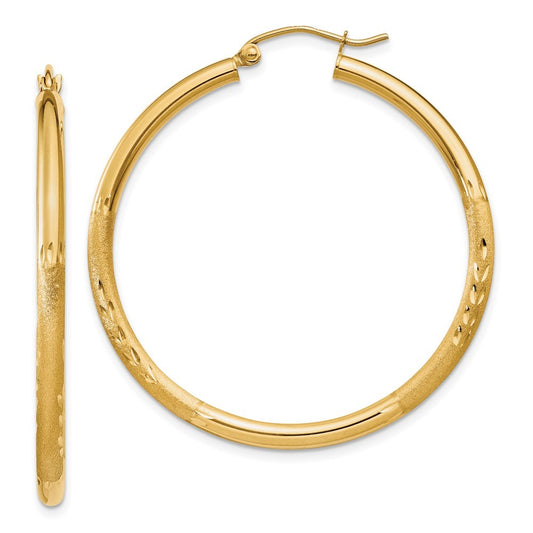 14k Yellow Gold Satin and Diamond-cut 2.5mm Round Hoop Earrings