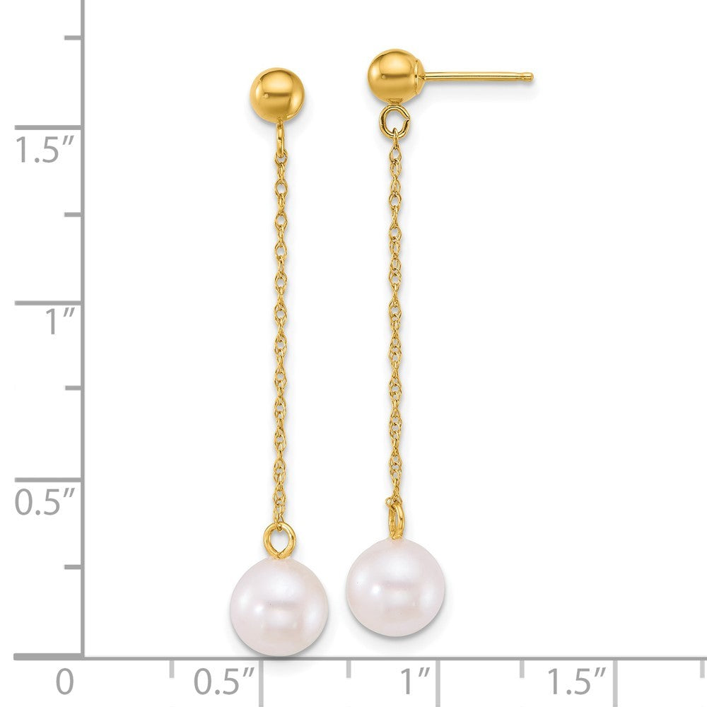 14k Yellow Gold Polished Akoya Saltwater Cultured Pearl Chain Dangle Earrings