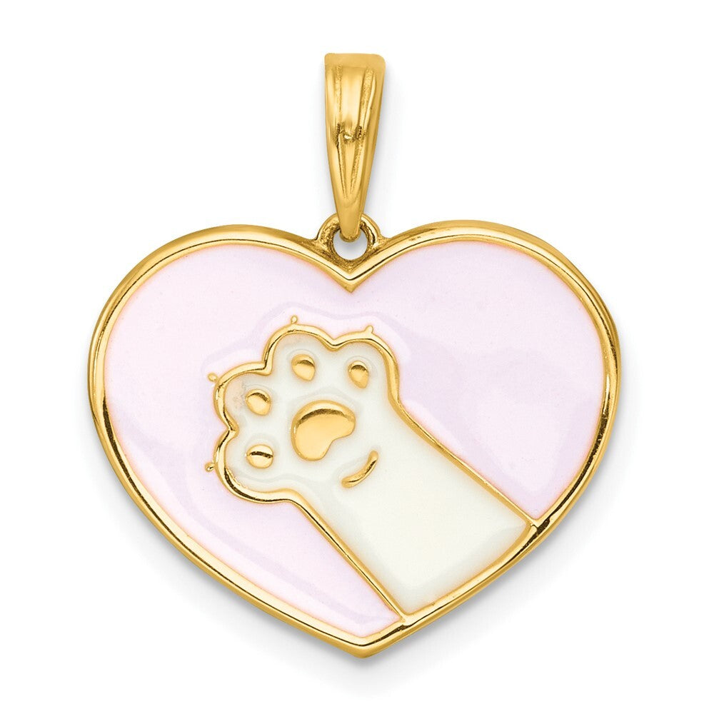 14k Yellow Gold Polished Enamel Paw In Heart Charm Pendant for Women