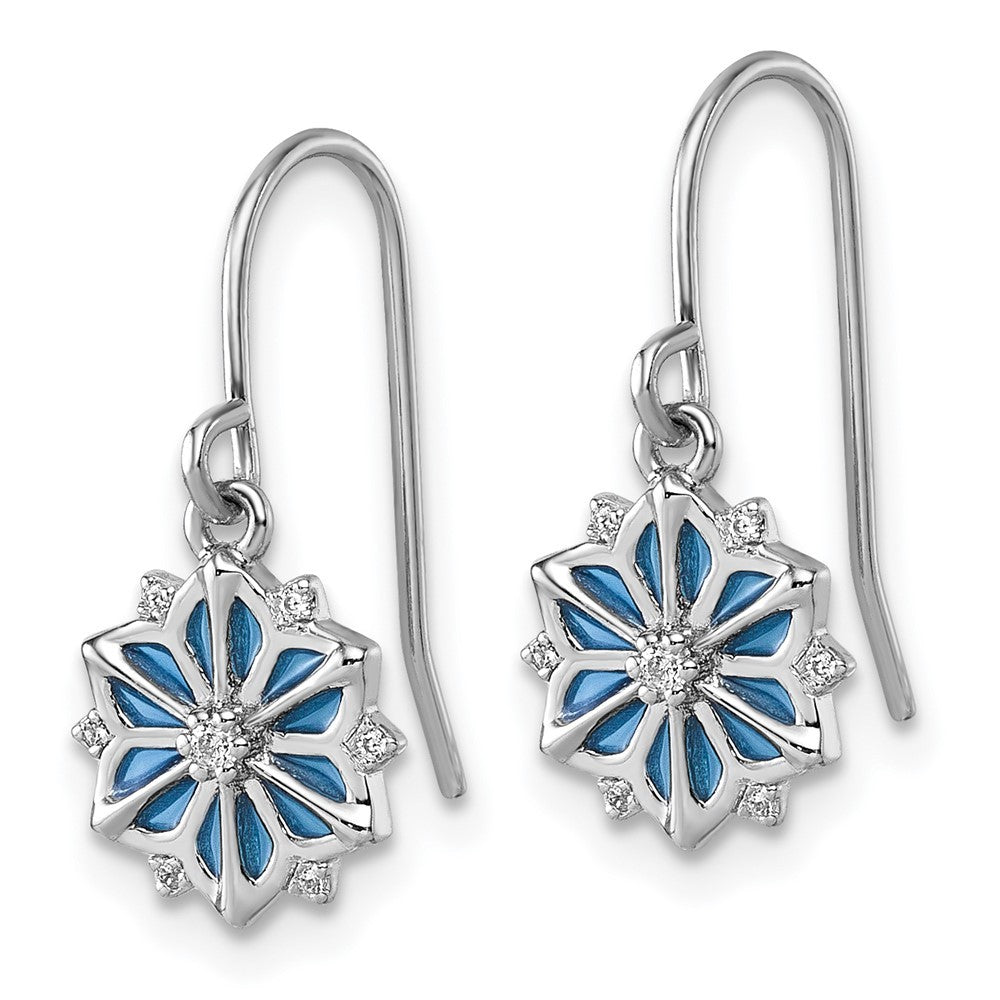 Sterling Silver Blue Enamel and CZ Snowflake Dangle Earrings