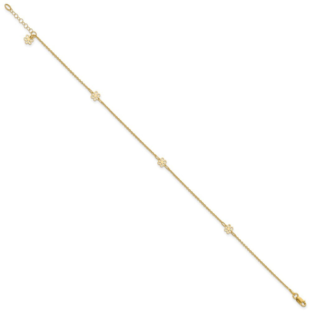 14k Yellow Gold Flowers 3-Station with Flower Dangle 11" Anklet