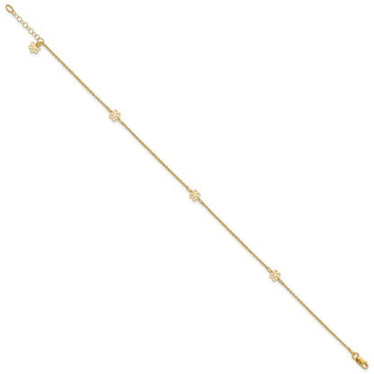 14k Yellow Gold Flowers 3-Station with Flower Dangle 11" Anklet