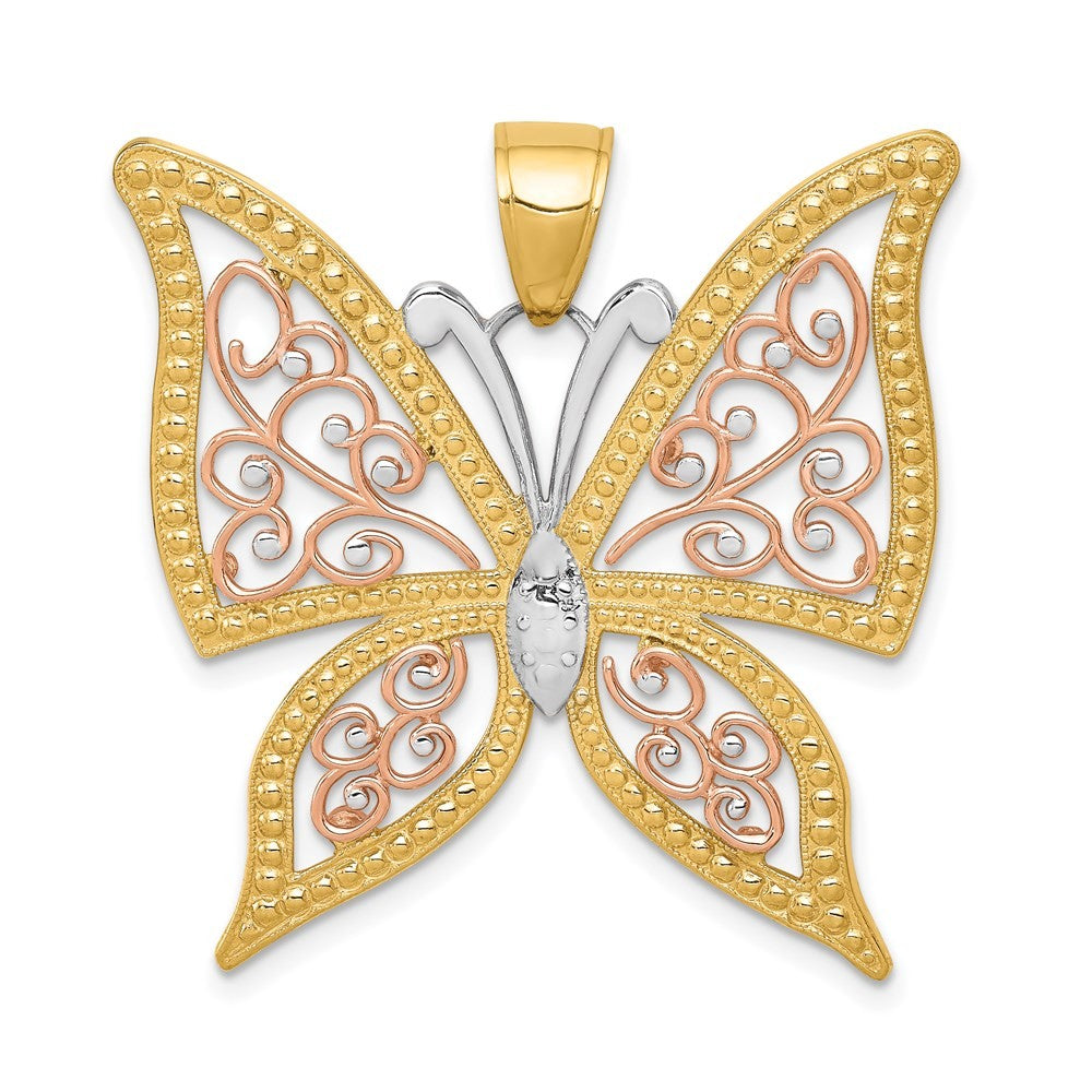14k Two-Tone Gold w White Rhodium Diamond-cut Butterfly Pendant