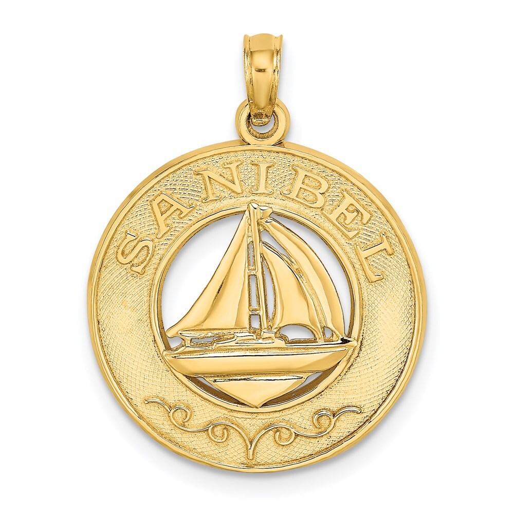 14k Yellow Gold SANIBEL Sailboat Circle Charm Pendant for Women