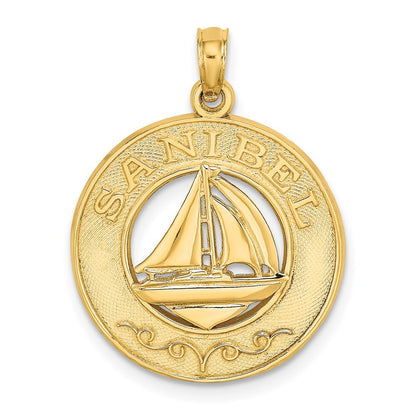 14k Yellow Gold SANIBEL Sailboat Circle Charm Pendant for Women