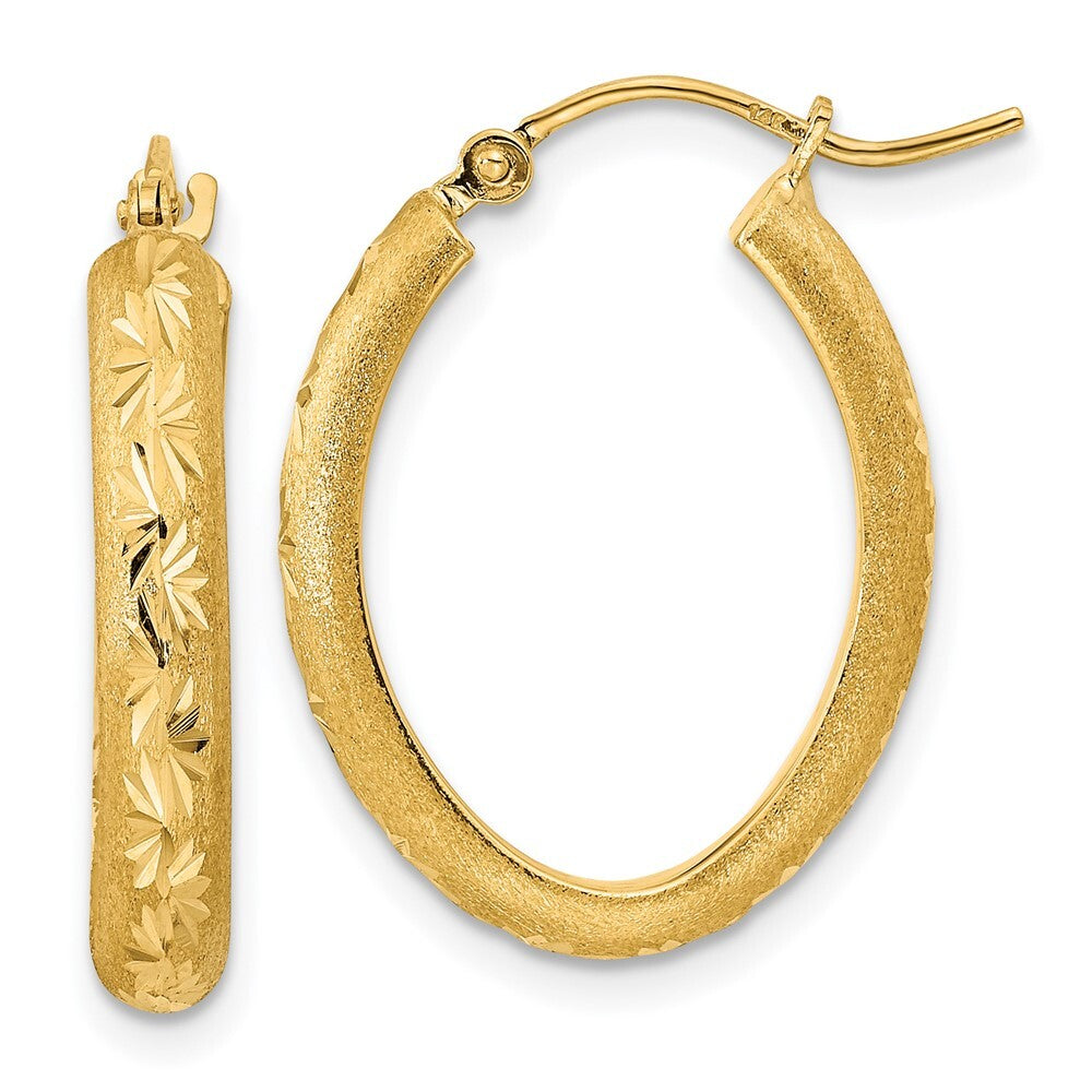 14k Yellow Gold Polished and Satin Diamond-cut Oval Hoop Earrings