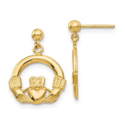 14k Yellow Gold Dangling Claddagh Stud Earrings Gift for Women