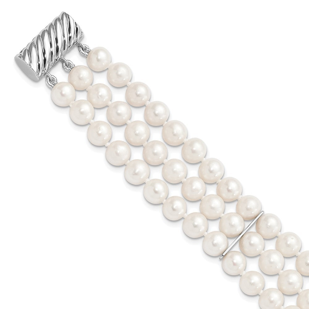 Sterling Silver 6-7mm White Near-Round Cultured Pearl 3-Strand 7.5" Bracelet