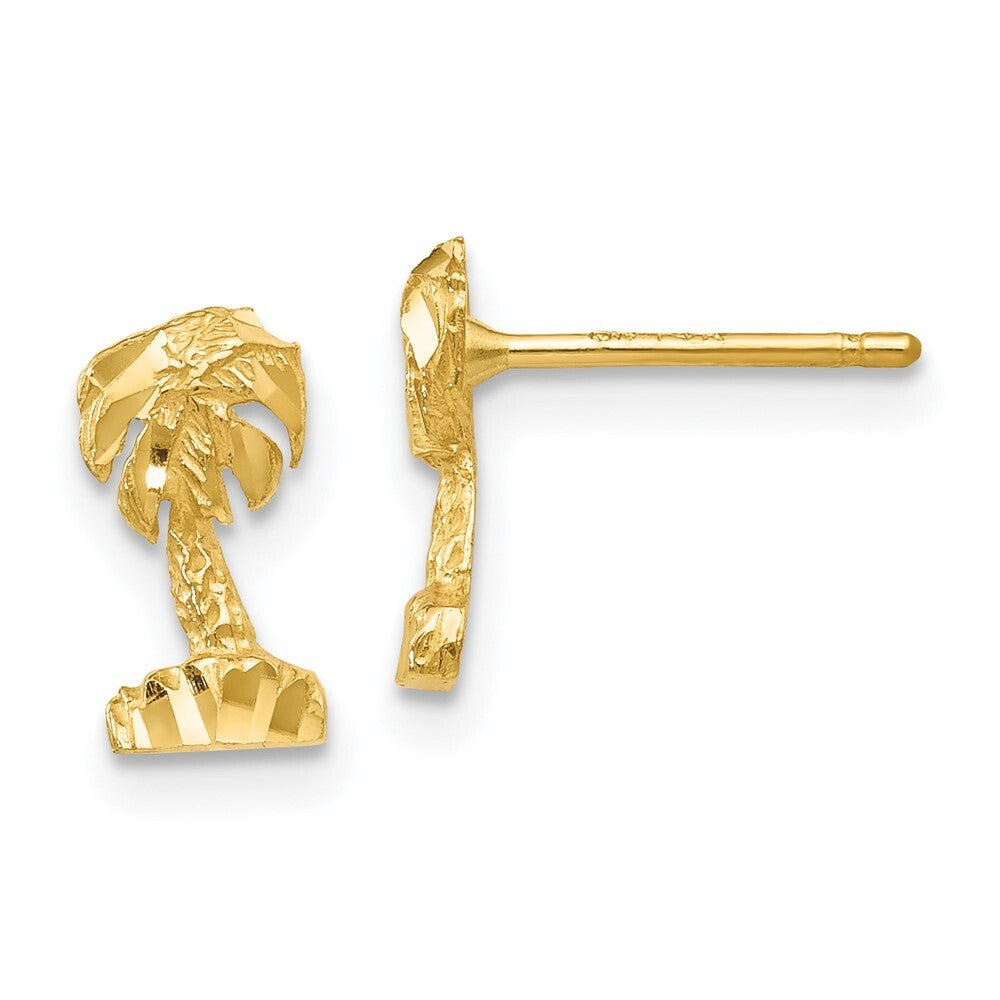 14k Yellow Gold Diamond-cut Palm Tree Stud Earrings Gift for Women