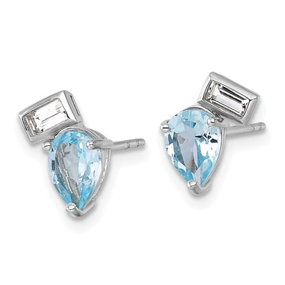 Sterling Silver Polished Pear Sky Blue and Emerald-cut Topaz Earrings