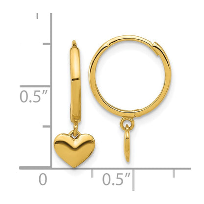 14k Yellow Gold Polished Heart Dangle Huggie Hoop Earrings Gift for Women