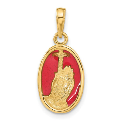 14k Yellow Gold Red Enamel Praying Hands and Cross Pendant for Women